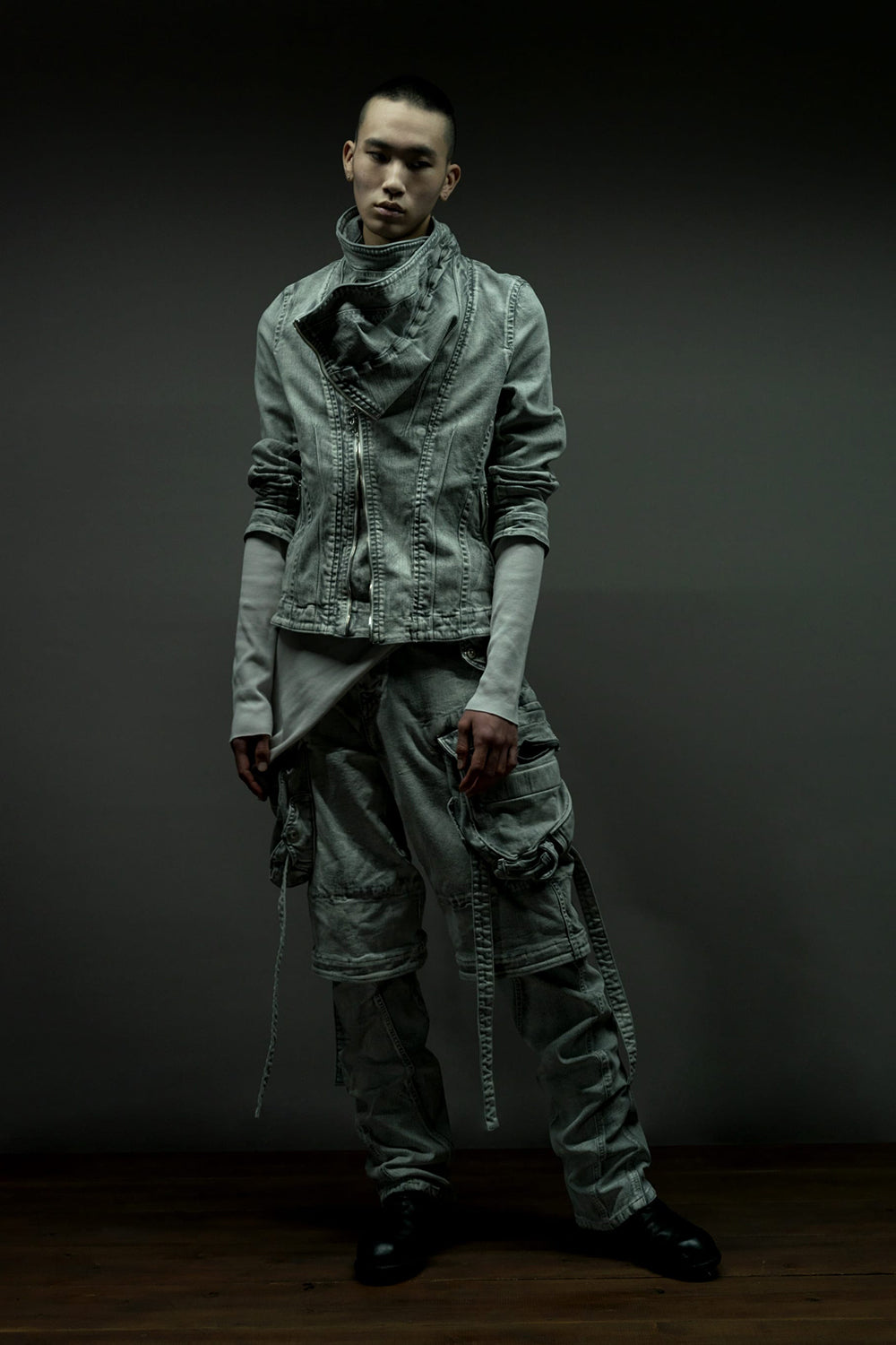 10.5oz Stretch Denim Gas Mask Wide Pants Plaster