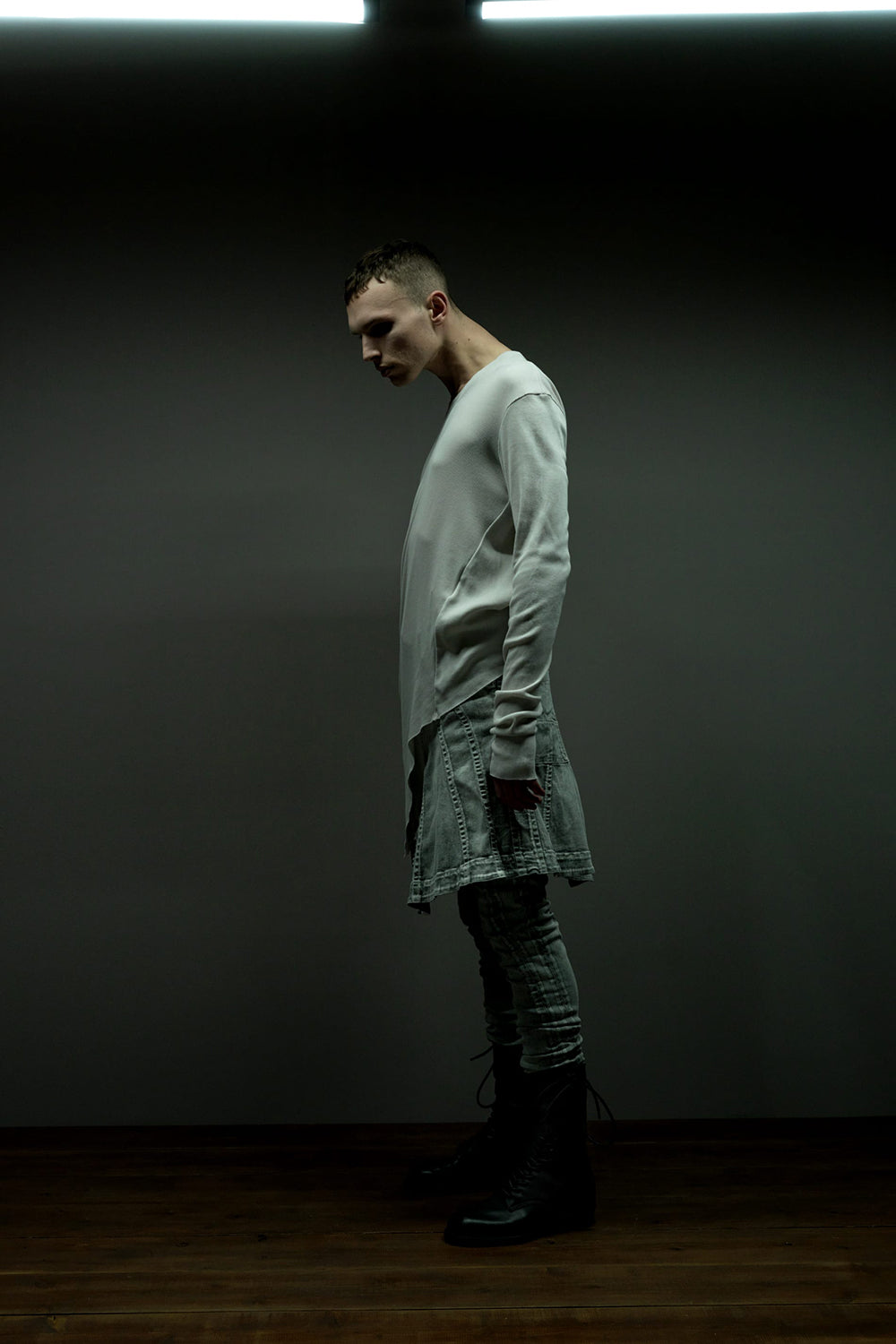 リブ アシンメトリーカットソー ブラック