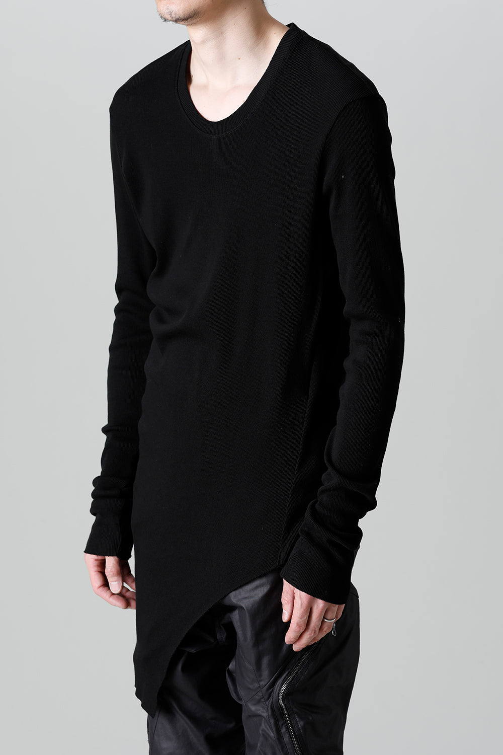 リブ アシンメトリーカットソー ブラック