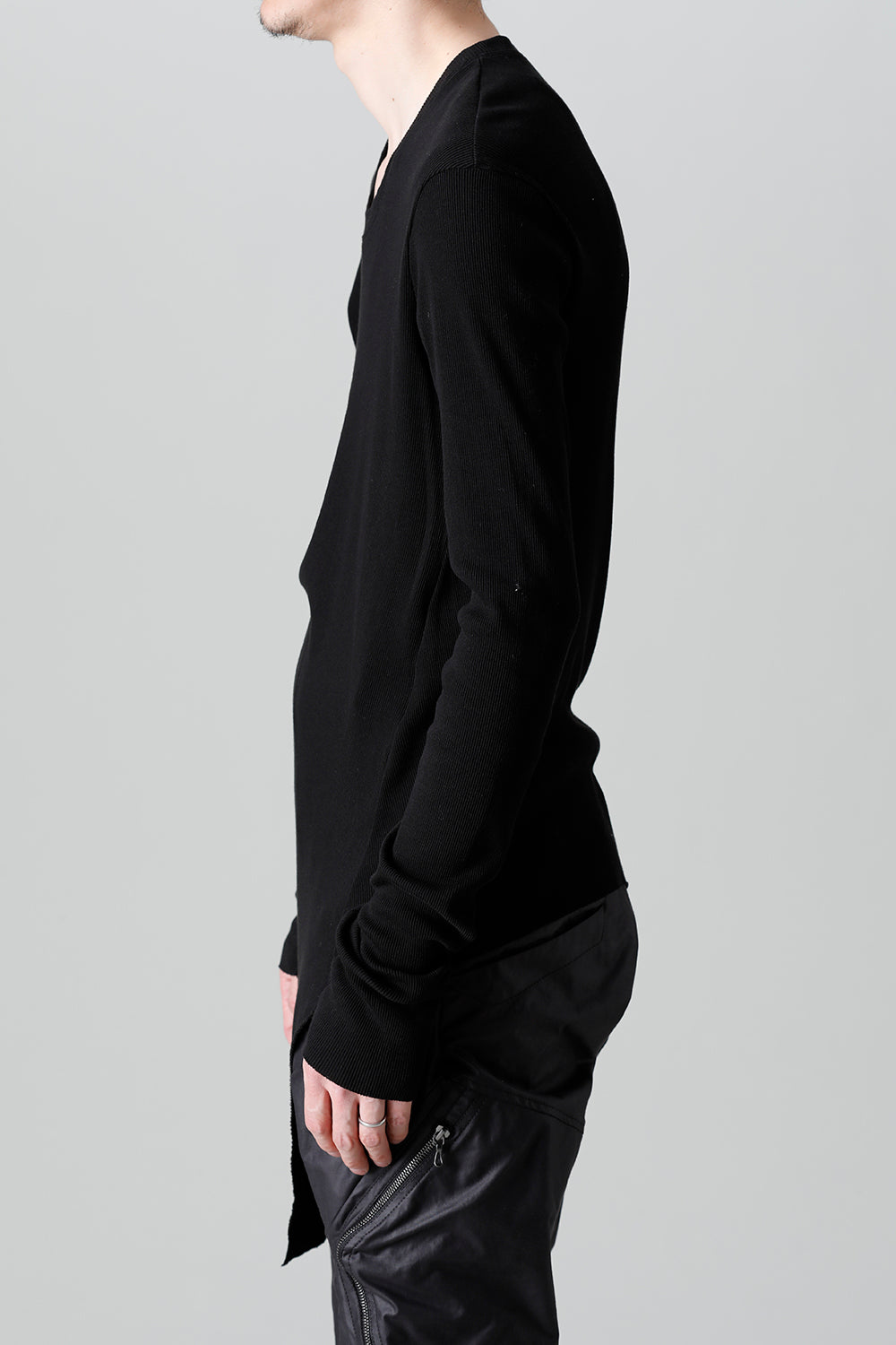 リブ アシンメトリーカットソー ブラック