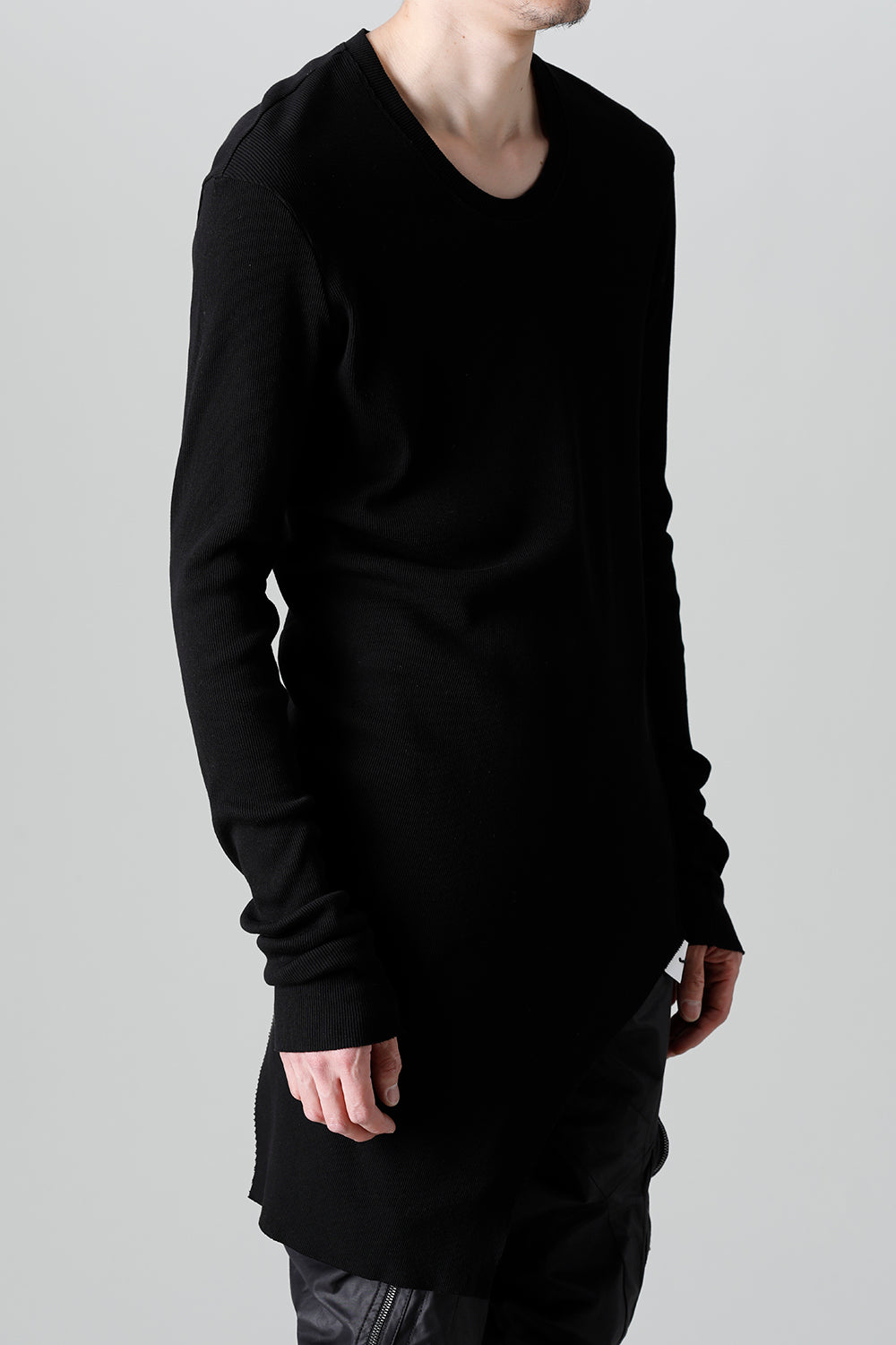 リブ アシンメトリーカットソー ブラック