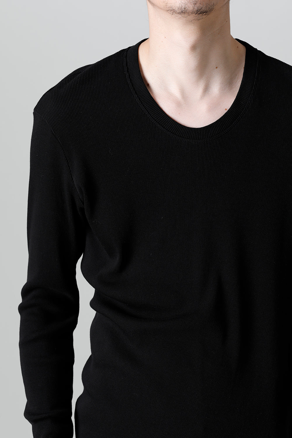 リブ アシンメトリーカットソー ブラック