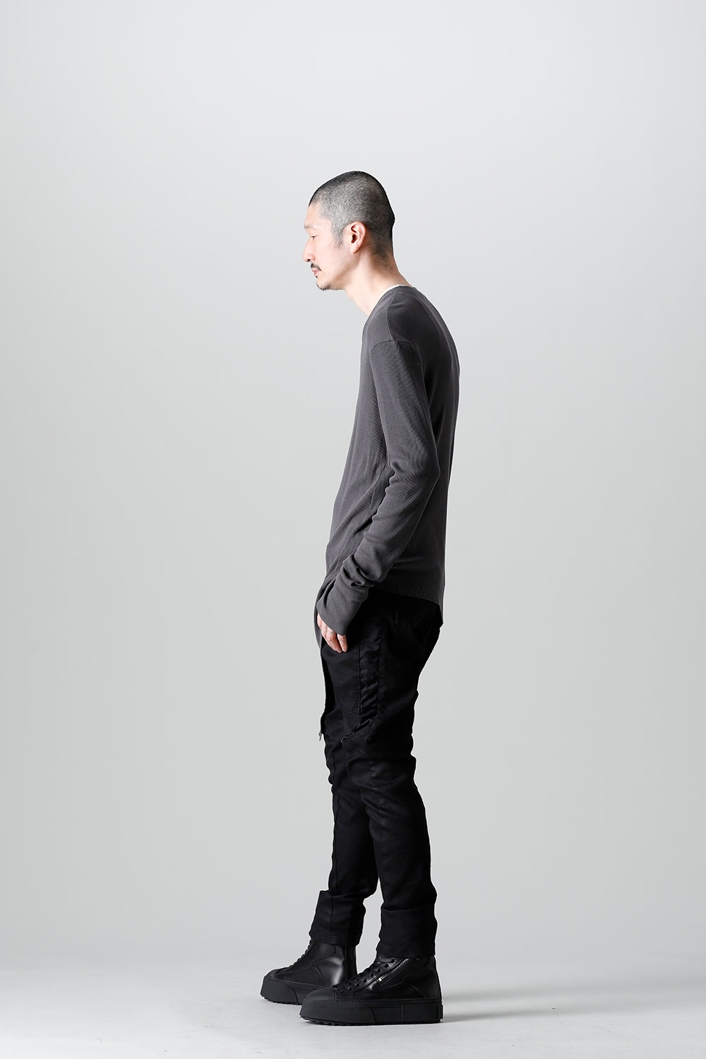 リブ アシンメトリーカットソー チャコール