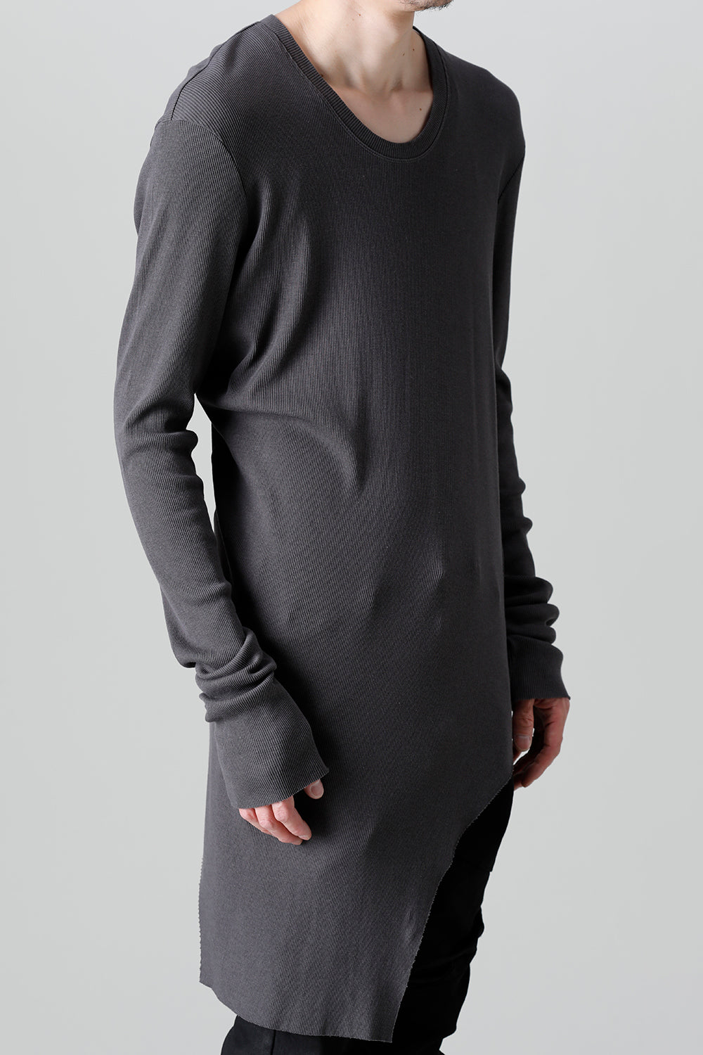 リブ アシンメトリーカットソー チャコール