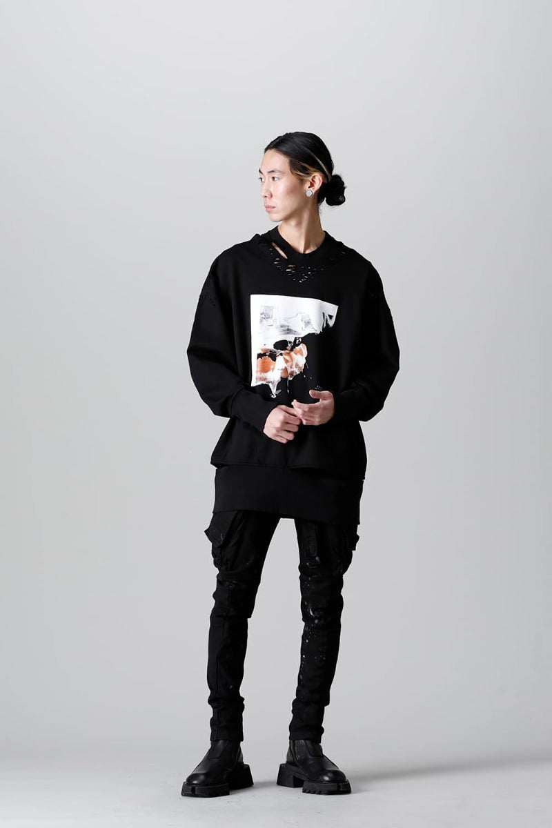 Cotton Sweat Damaged Pullover Black