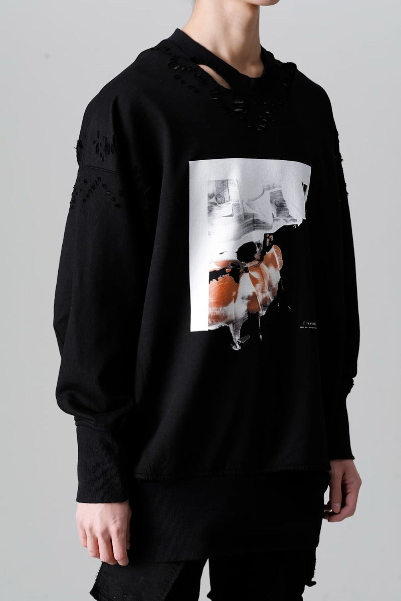 Cotton Sweat Damaged Pullover Black