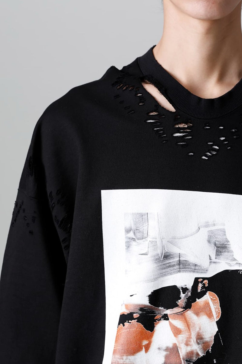 Cotton Sweat Damaged Pullover Black