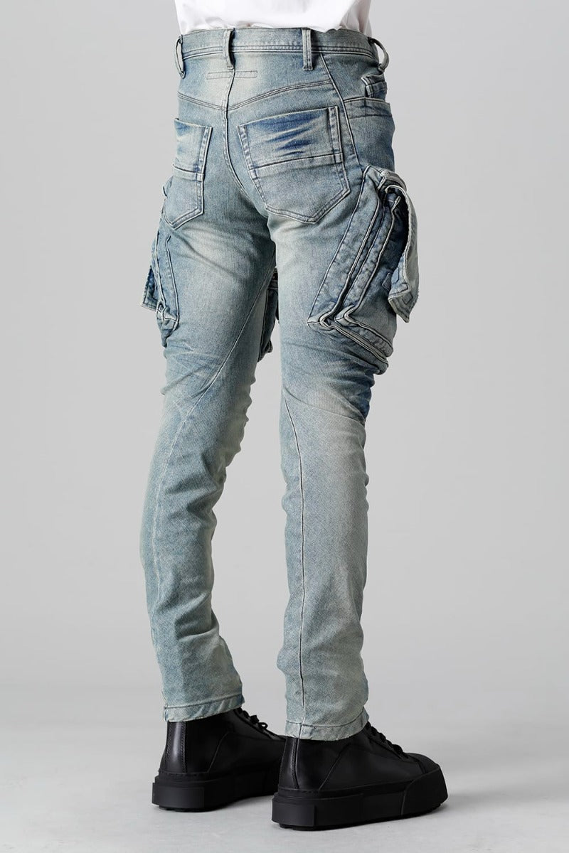 10.5oz Stretch Denim Damage Painted Cargo Skinny Denims Indigo