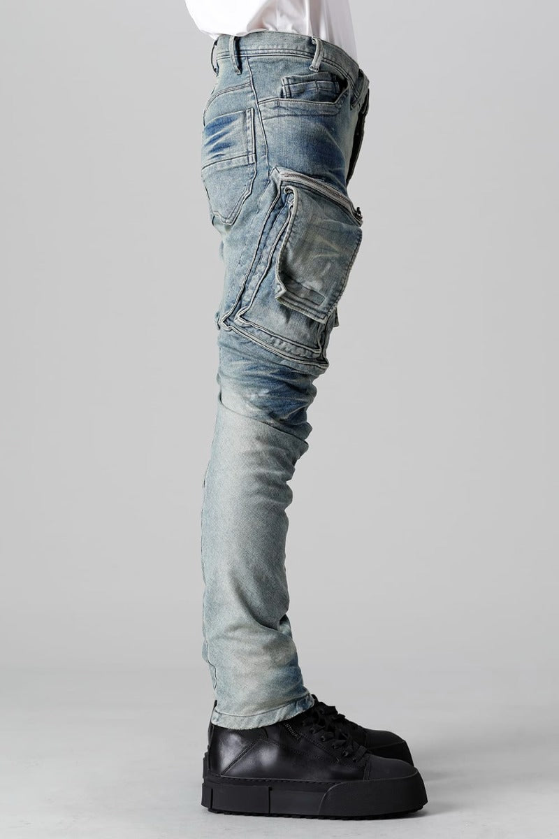 10.5oz Stretch Denim Damage Painted Cargo Skinny Denims Indigo