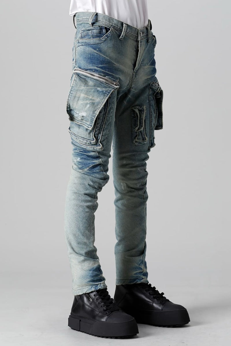 10.5oz Stretch Denim Damage Painted Cargo Skinny Denims Indigo