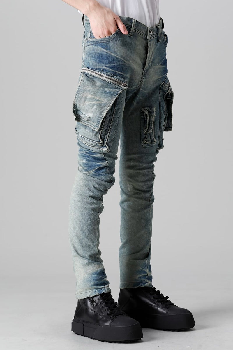 10.5oz Stretch Denim Damage Painted Cargo Skinny Denims Indigo