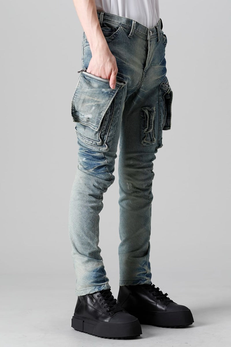 10.5oz Stretch Denim Damage Painted Cargo Skinny Denims Indigo