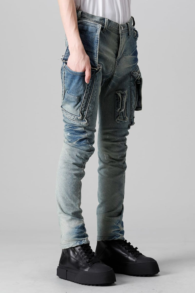 10.5oz Stretch Denim Damage Painted Cargo Skinny Denims Indigo