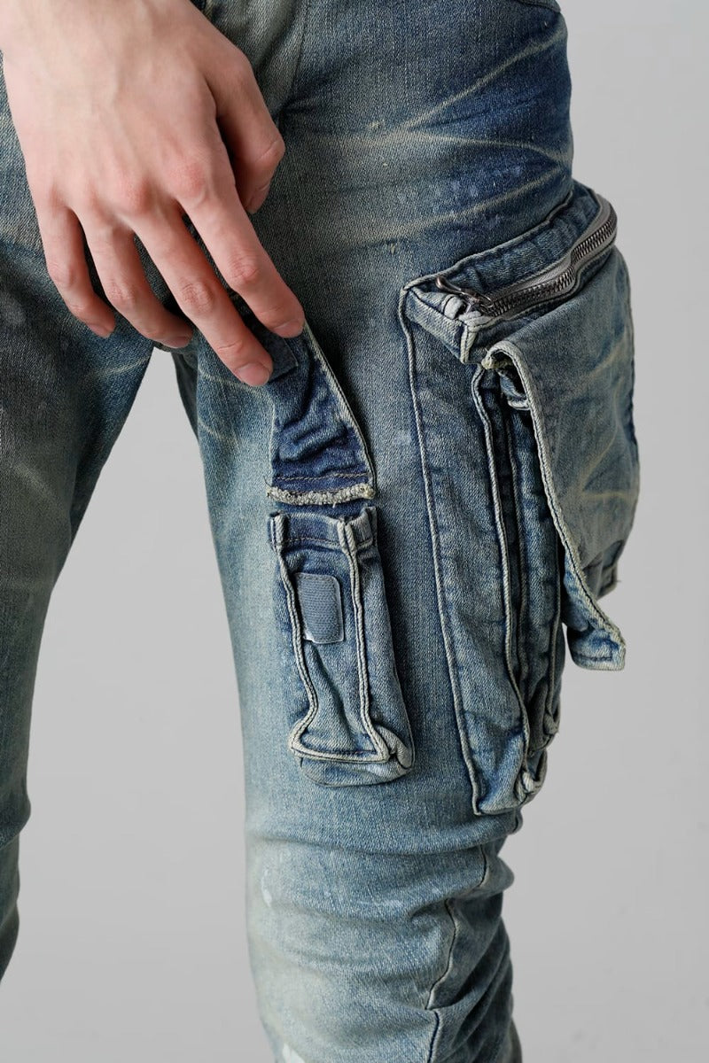 10.5oz Stretch Denim Damage Painted Cargo Skinny Denims Indigo