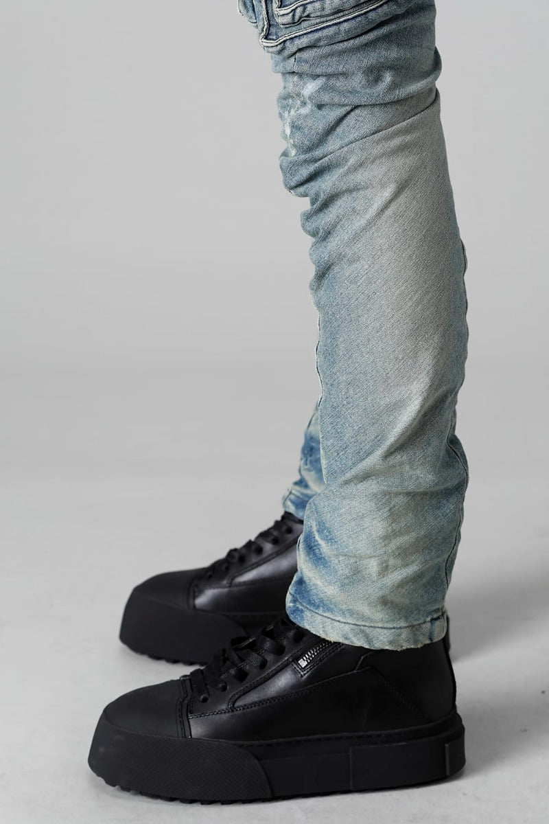 10.5oz Stretch Denim Damage Painted Cargo Skinny Denims Indigo