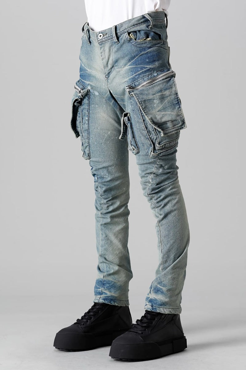 10.5oz Stretch Denim Damage Painted Cargo Skinny Denims Indigo