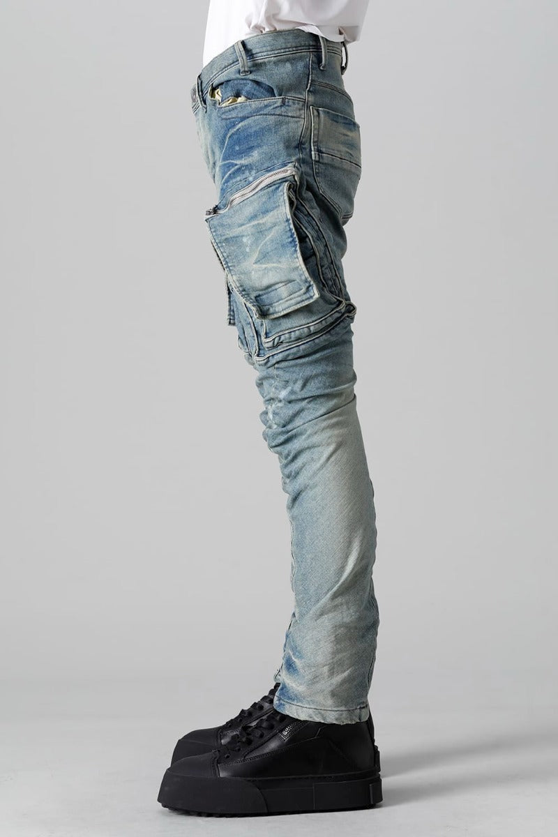 10.5oz Stretch Denim Damage Painted Cargo Skinny Denims Indigo