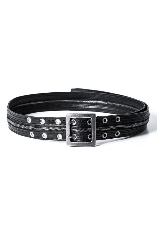 Cow Leather Zipper Belt Black × Silver