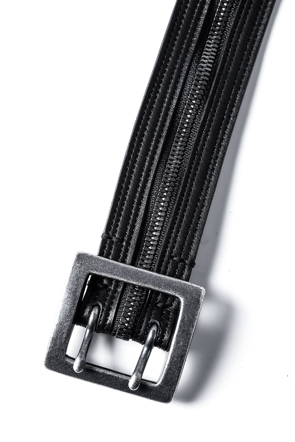 Cow Leather Zipper Belt Black × Silver