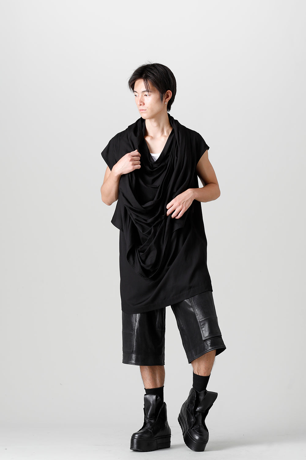 Rayon/Cotton Cloth Drape Neck Pullover Black