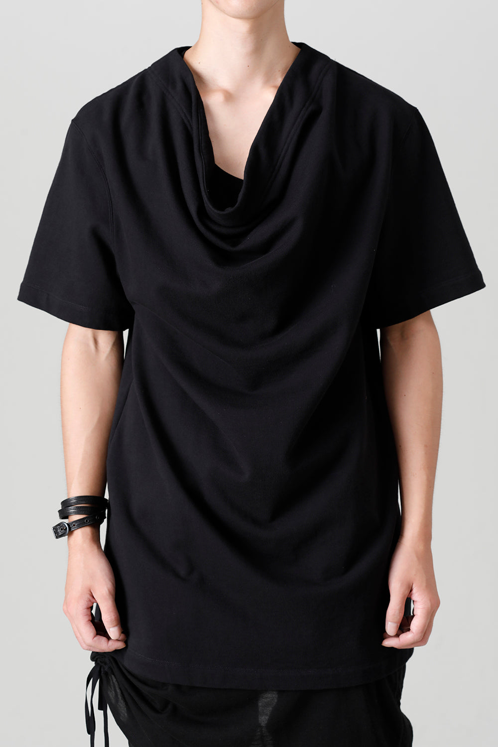 Cotton Sweat Drape Neck Short Sleeve T-Shirt Black