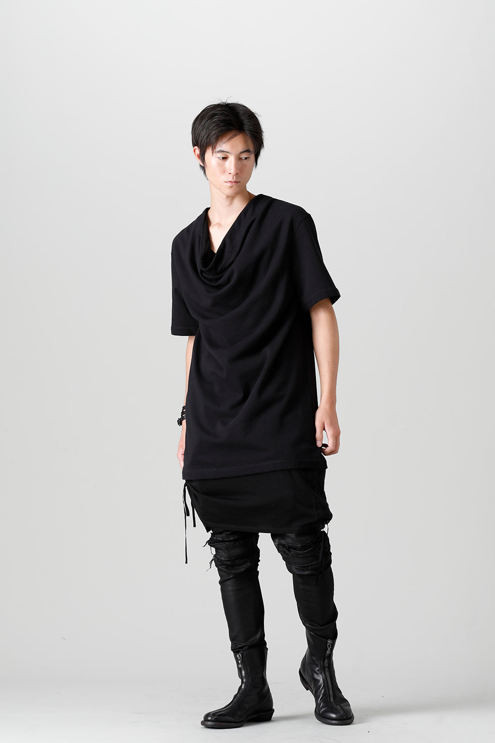 Cotton Sweat Drape Neck Short Sleeve T-Shirt Black