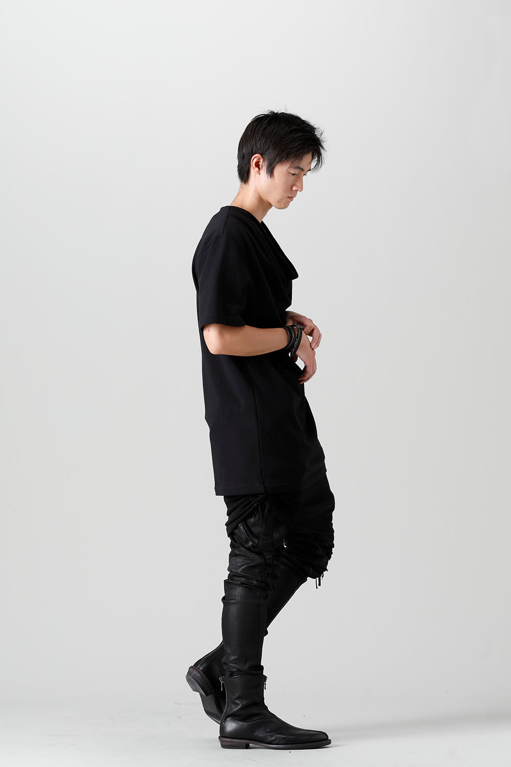 Cotton Sweat Drape Neck Short Sleeve T-Shirt Black