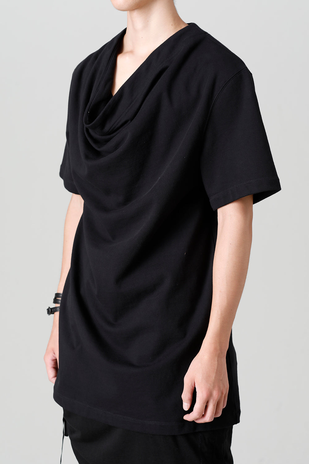 Cotton Sweat Drape Neck Short Sleeve T-Shirt Black