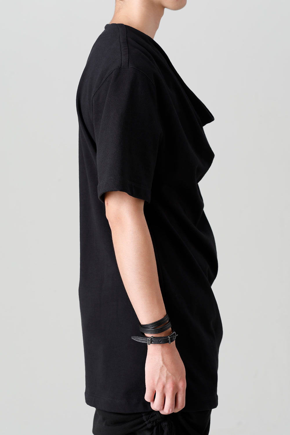 Cotton Sweat Drape Neck Short Sleeve T-Shirt Black