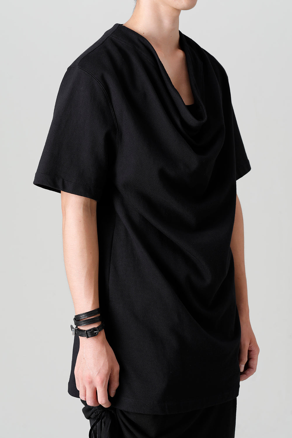 Cotton Sweat Drape Neck Short Sleeve T-Shirt Black