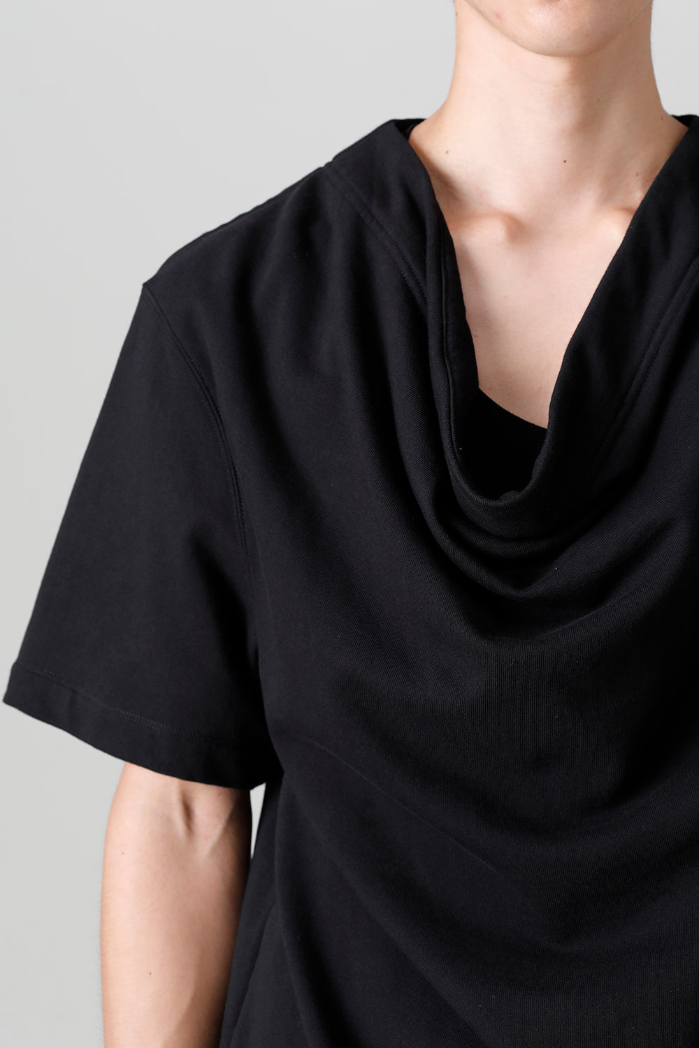 Cotton Sweat Drape Neck Short Sleeve T-Shirt Black