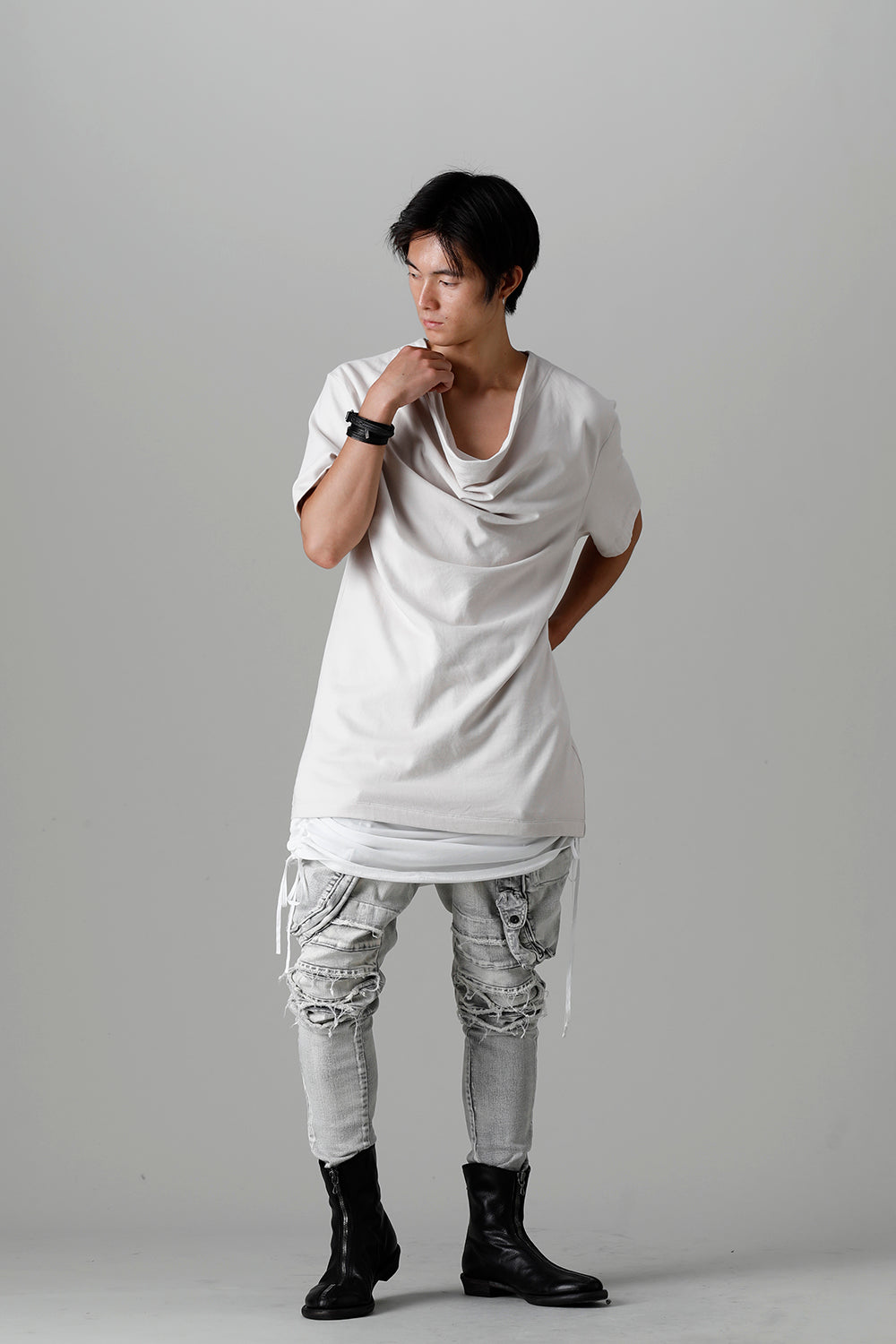 Cotton Sweat Drape Neck Short Sleeve T-Shirt Plaster