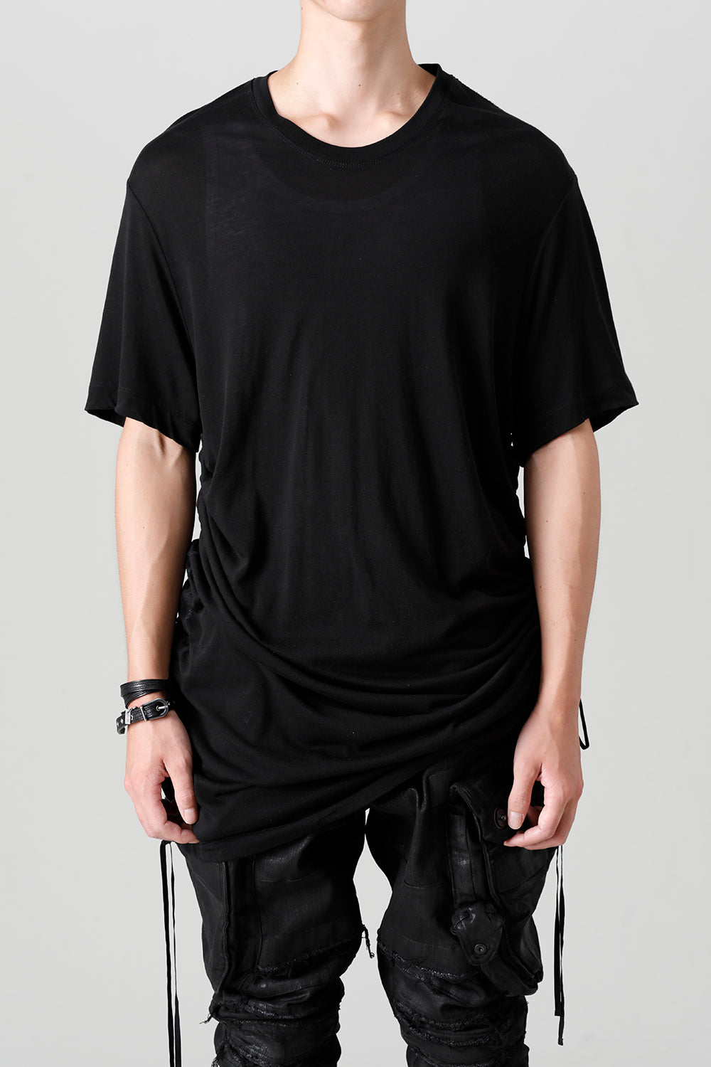 Cotton/Cupro Jersey Drawcord Short Sleeve T-Shirt Black