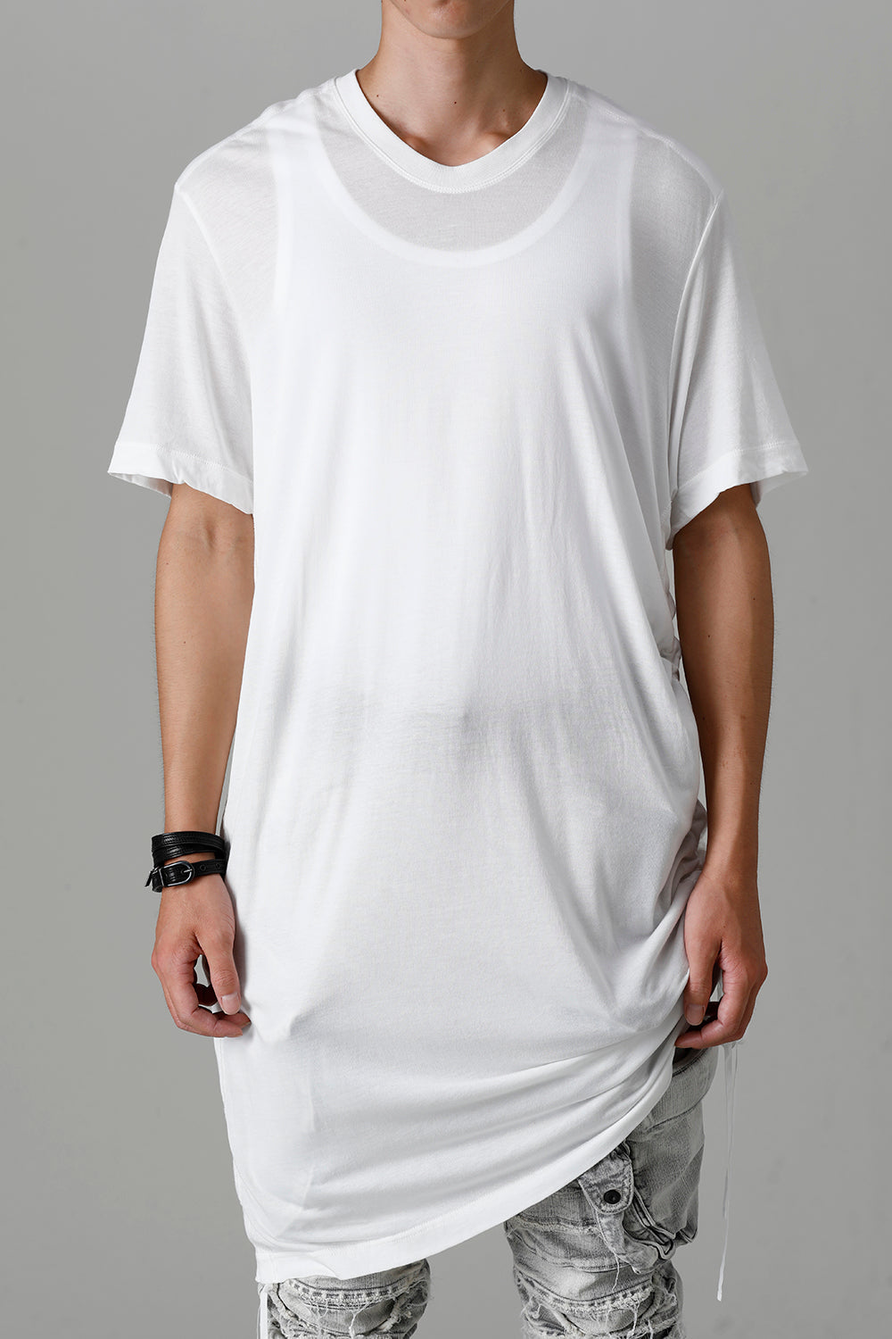 Cotton/Cupro Jersey Drawcord Short Sleeve T-Shirt Off White