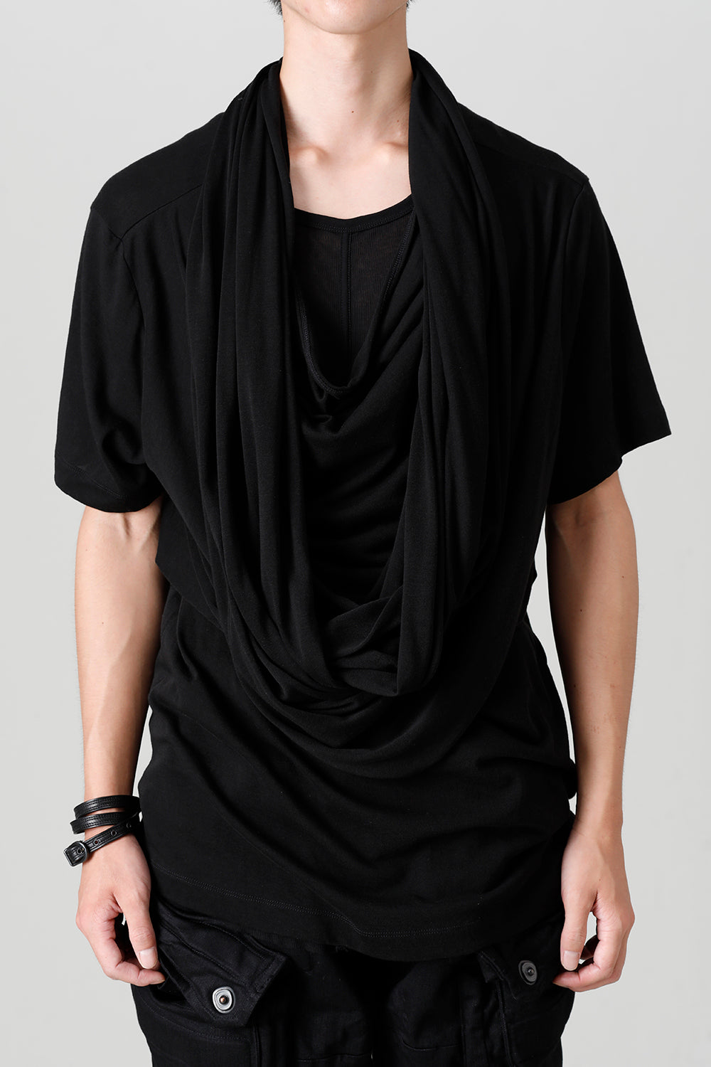 Cotton/Cupro Jersey Drape Neck Short Sleeve T-Shirt Black