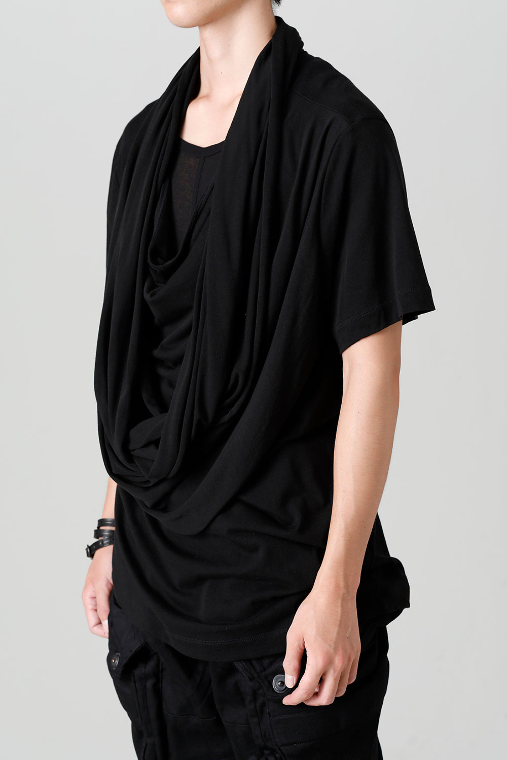 Cotton/Cupro Jersey Drape Neck Short Sleeve T-Shirt Black