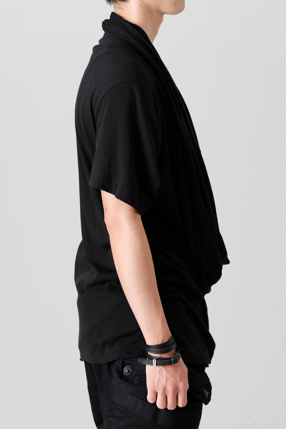 Cotton/Cupro Jersey Drape Neck Short Sleeve T-Shirt Black