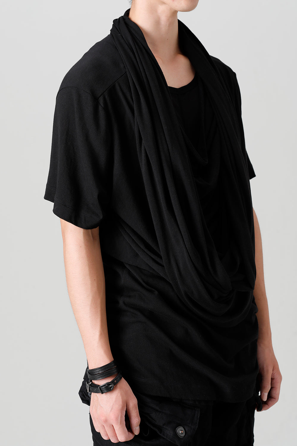 Cotton/Cupro Jersey Drape Neck Short Sleeve T-Shirt Black