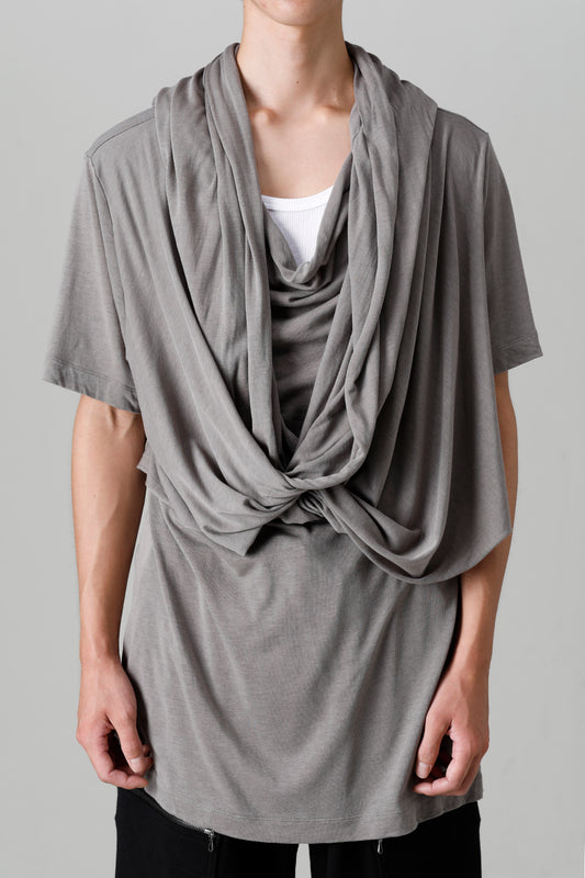 Cotton/Cupro Jersey Drape Neck Short Sleeve T-Shirt Gray