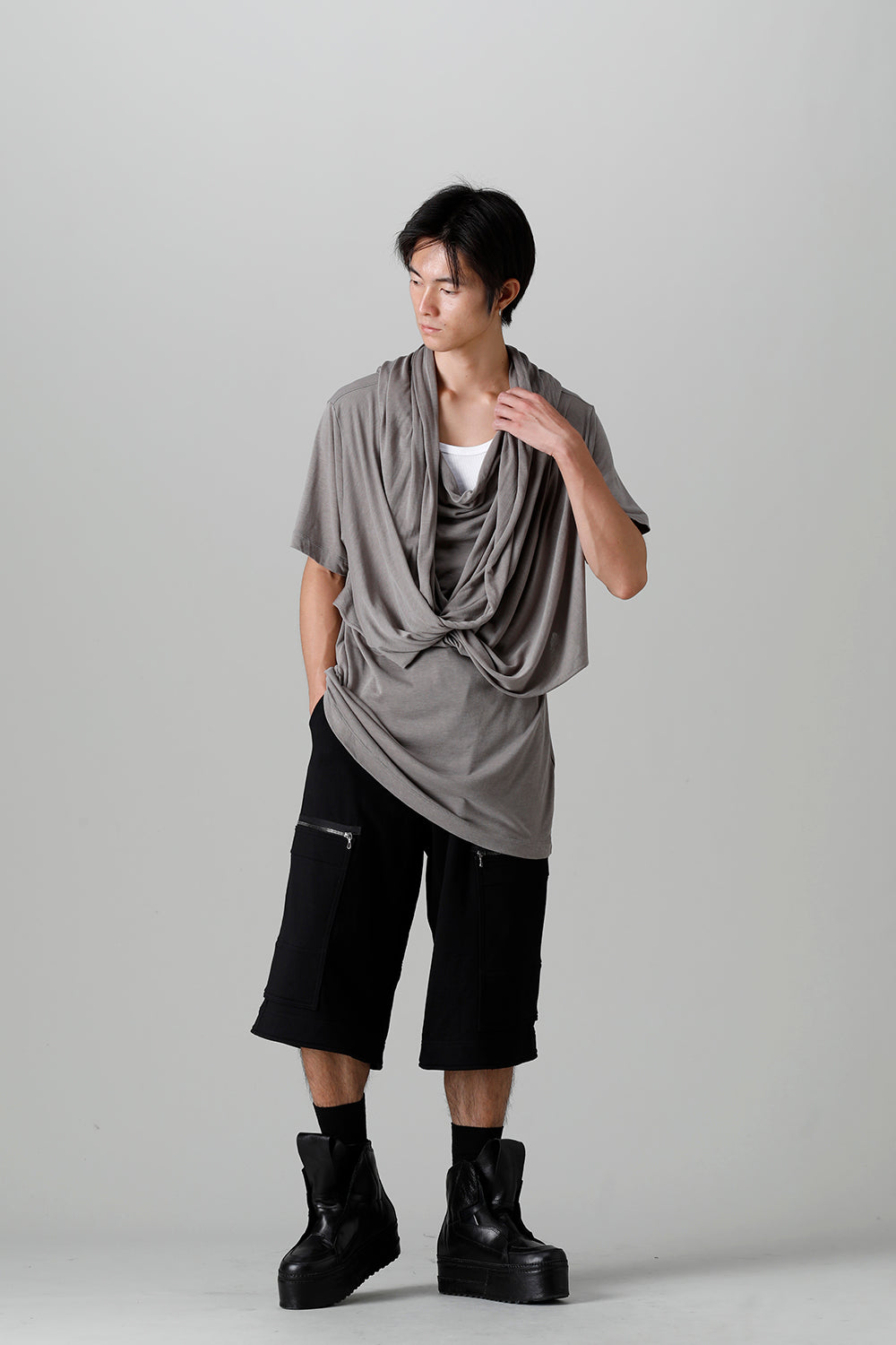 Cotton/Cupro Jersey Drape Neck Short Sleeve T-Shirt Gray