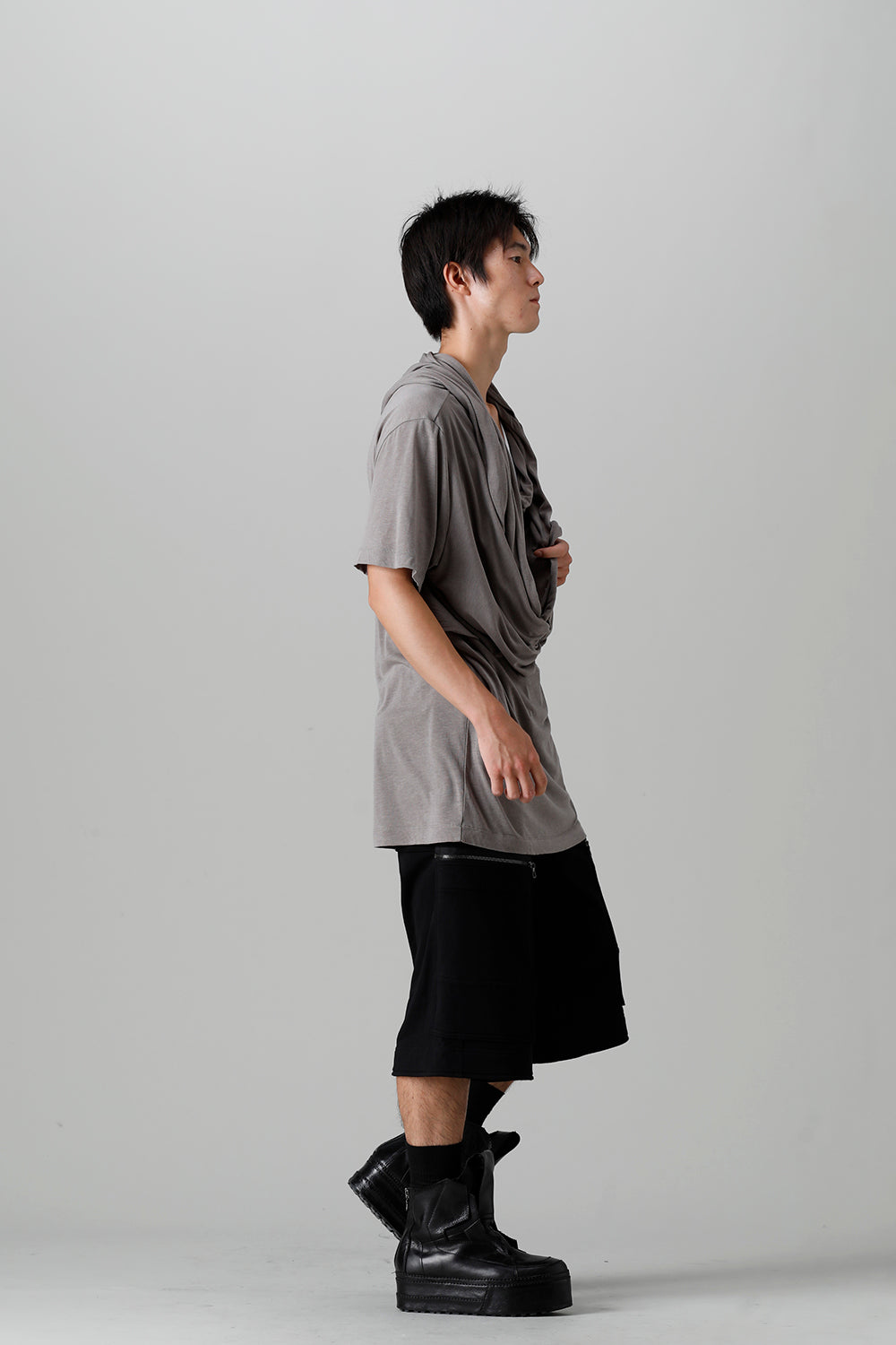 Cotton/Cupro Jersey Drape Neck Short Sleeve T-Shirt Gray