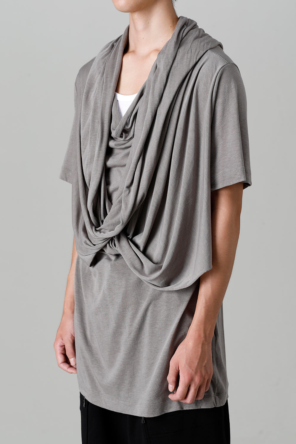 Cotton/Cupro Jersey Drape Neck Short Sleeve T-Shirt Gray