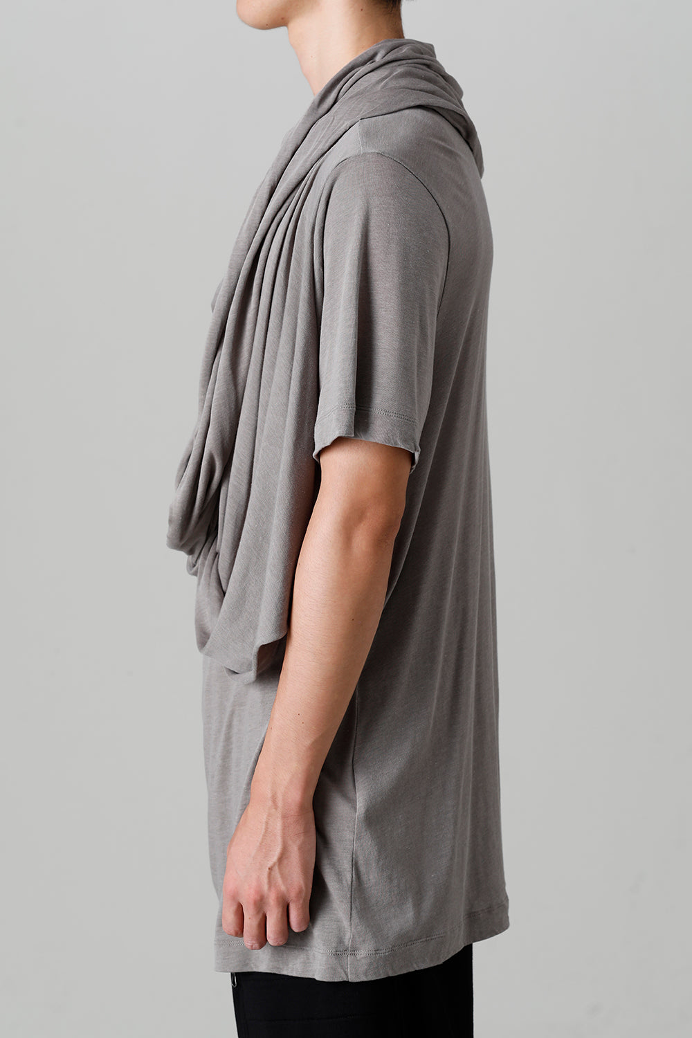 Cotton/Cupro Jersey Drape Neck Short Sleeve T-Shirt Gray