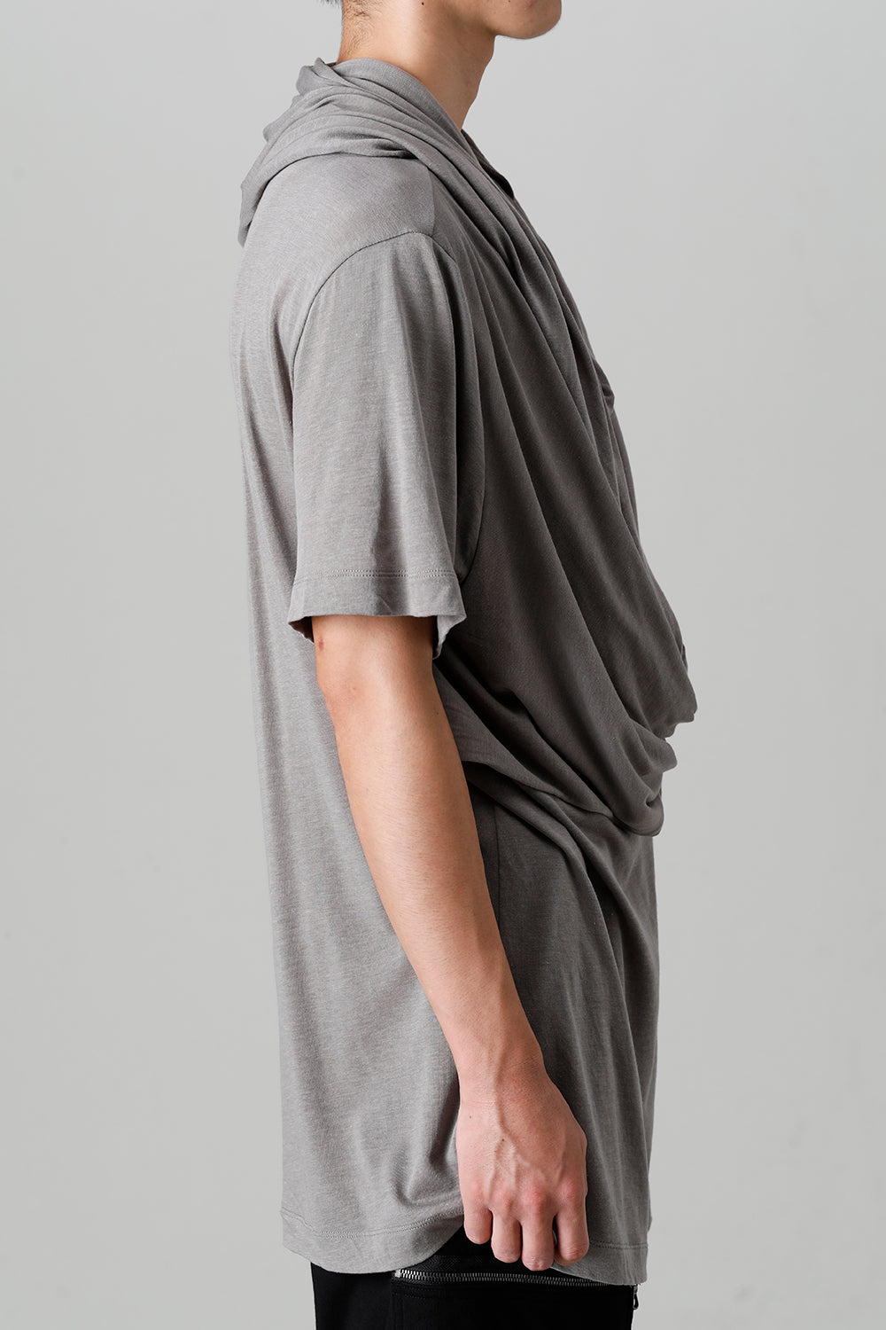 Cotton/Cupro Jersey Drape Neck Short Sleeve T-Shirt Gray