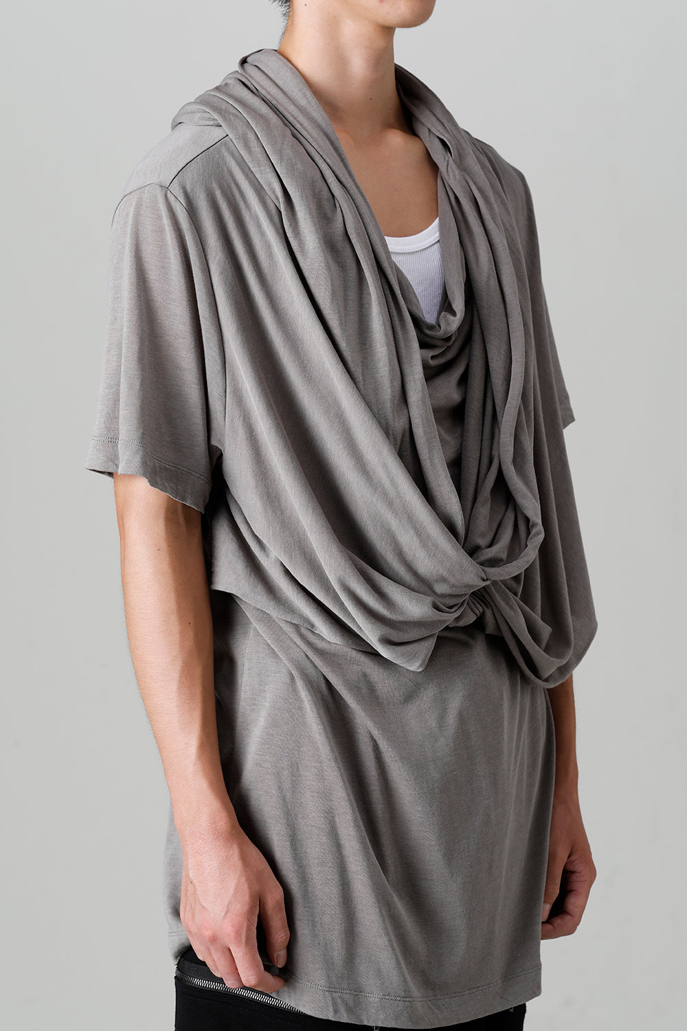 Cotton/Cupro Jersey Drape Neck Short Sleeve T-Shirt Gray