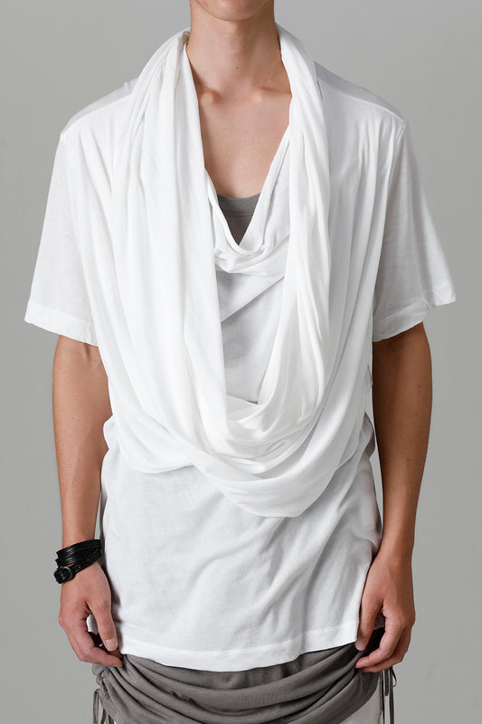 Cotton/Cupro Jersey Drape Neck Short Sleeve T-Shirt Off White