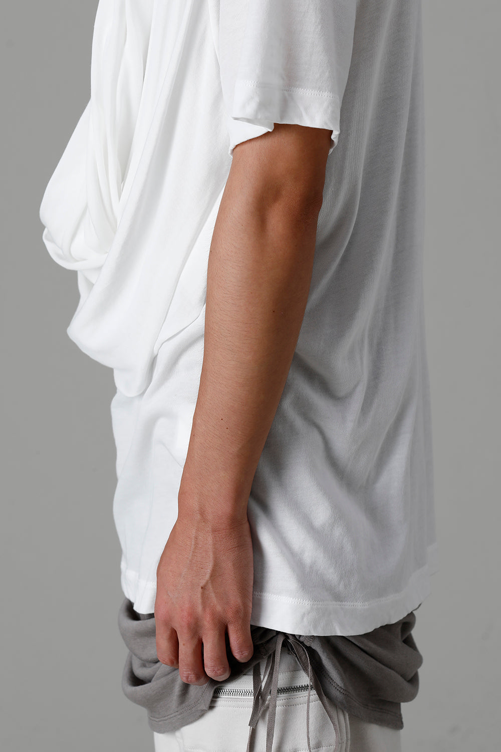 Cotton/Cupro Jersey Drape Neck Short Sleeve T-Shirt Off White