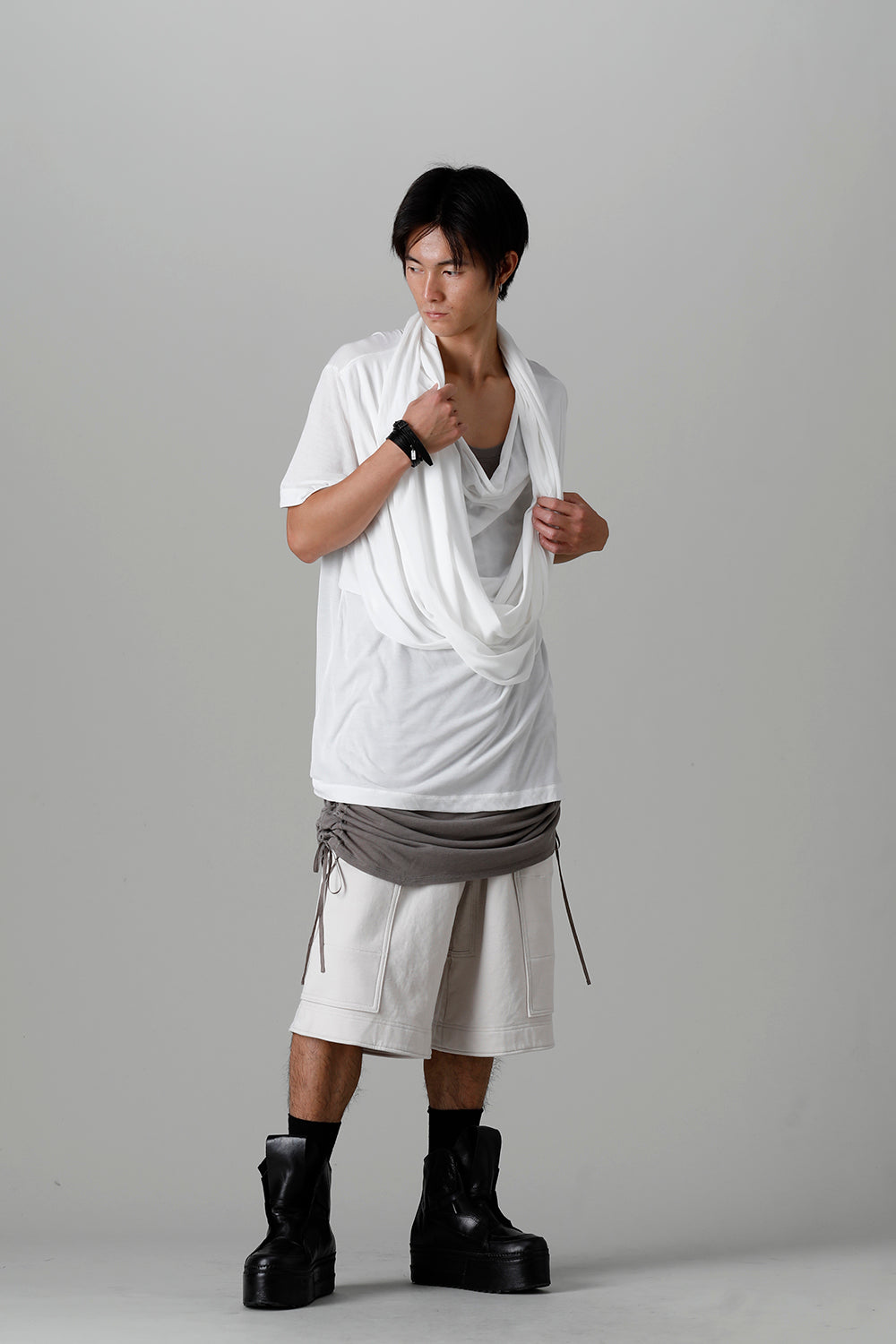 Cotton/Cupro Jersey Drape Neck Short Sleeve T-Shirt Off White