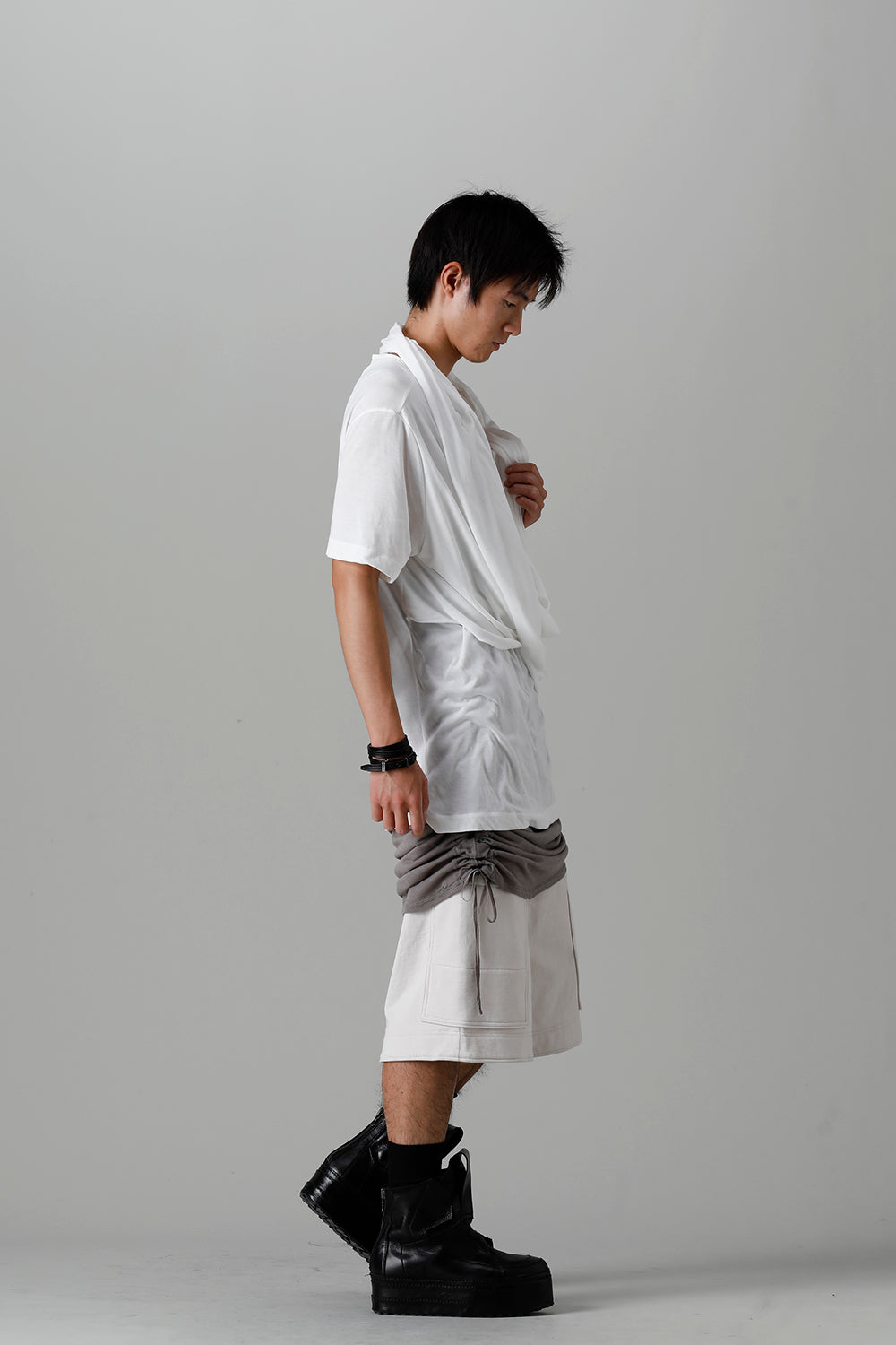 Cotton/Cupro Jersey Drape Neck Short Sleeve T-Shirt Off White