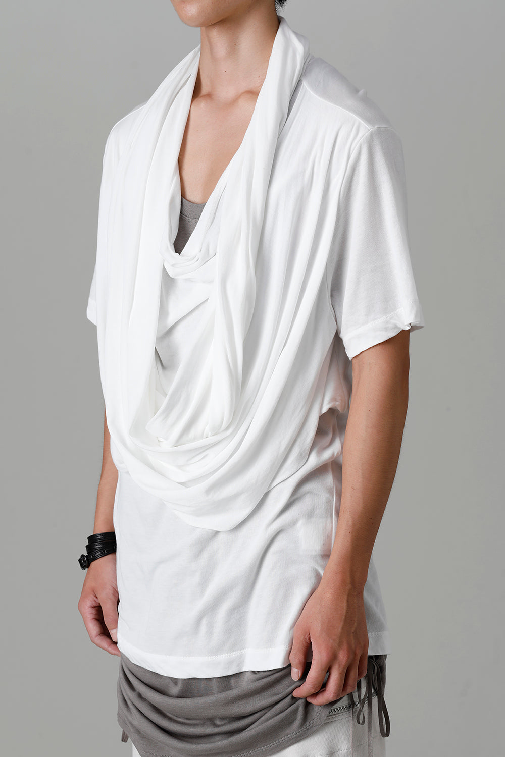 Cotton/Cupro Jersey Drape Neck Short Sleeve T-Shirt Off White